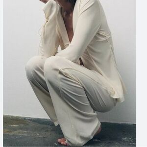 Zara Cream high waist silk/satin wide leg pants Small